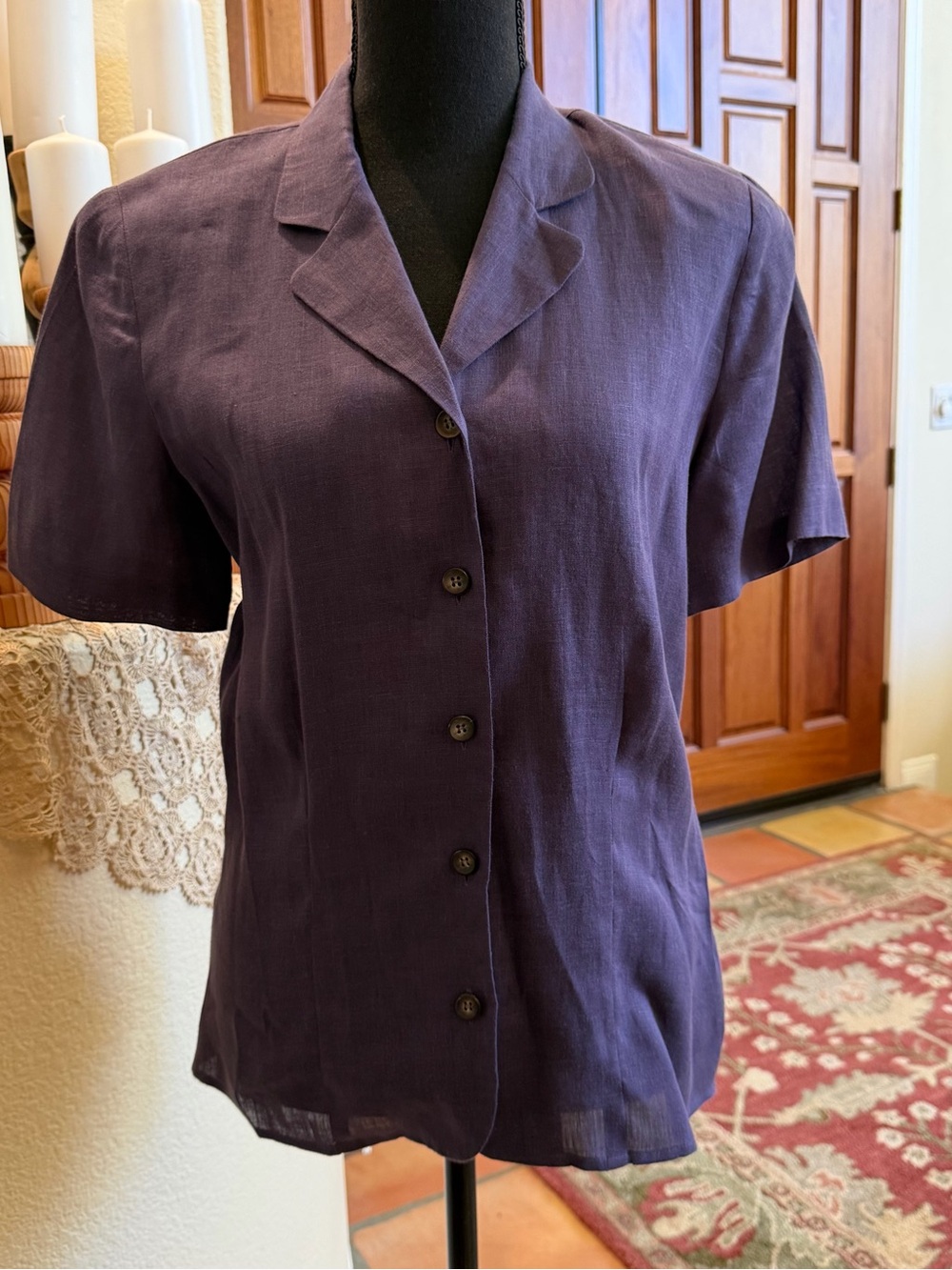 Liz Claiborne Blouse Womens Size 6 Purple Buttonup Short Sleeve Linen Coastal